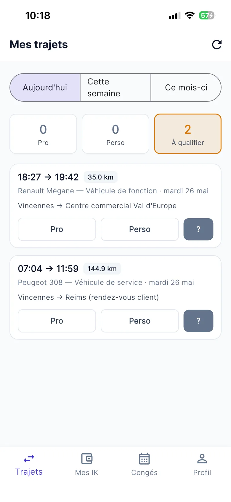 Application Signal Carnet : trajets à qualifier