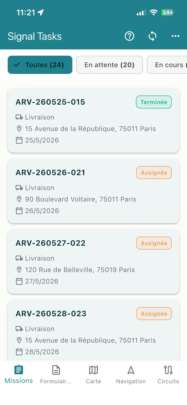 Application Signal Tasks : liste des missions du jour